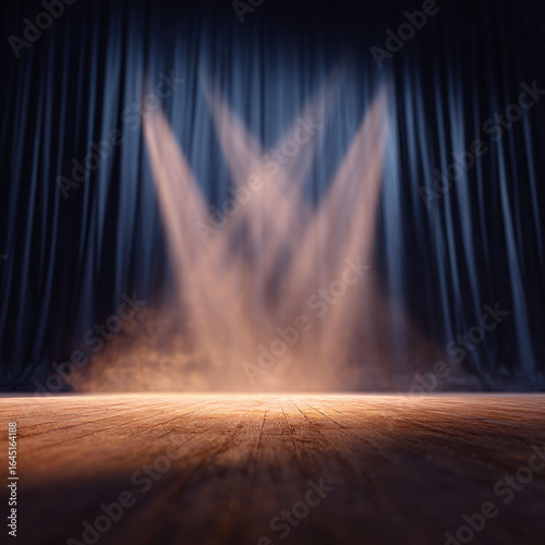 Moody theatrical stage with a wooden floor and a dark curtain backdrop illuminated by spotlights. Evokes performance  presentation  and anticipation. Perfect for event promotion.