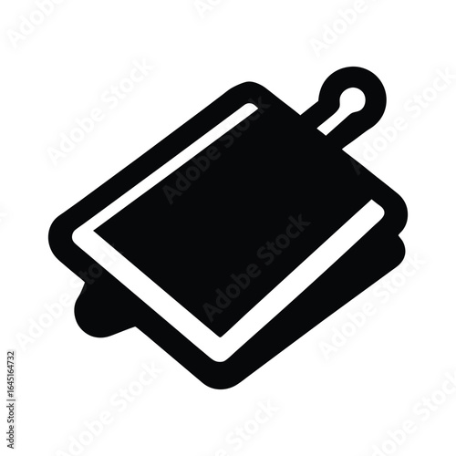 Black and white icon of a cutting board with a handle , A simple, bold black icon representing a cutting board with a rounded handle and a hole for hanging.