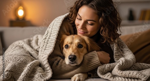 Cozy evening with a pet dog wrapped in a knitted blanket sharing a warm and loving moment on the