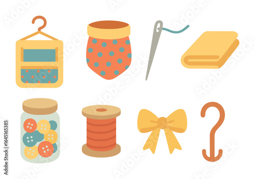 Children's Fabric Wall Organizer. Flat vector mini-illustrations Fabric wall pockets in colors children's
