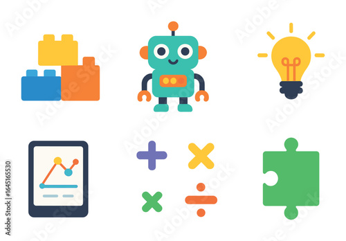 STEM Toys Icons. Flat vector mini-illustrations STEM toys for kids in colors children's illustrations: