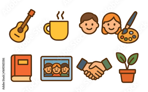 Office Hobby Icons. Flat vector mini-illustrations Office hobby clubs in colors children's illustrations: