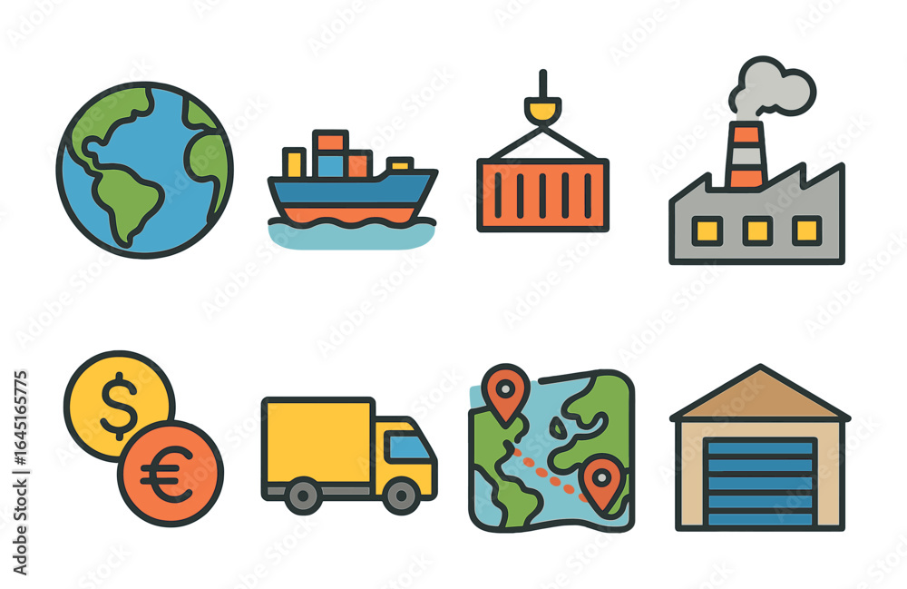 Naklejka premium Global Trade Icons. Flat vector mini-illustrations Global supply and demand in colors children's illustrations