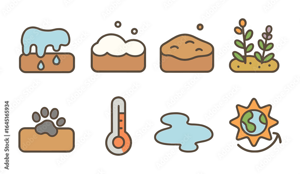 Fototapeta premium Seasonal Permafrost Icons. Flat vector mini-illustrations Seasonal changes in permafrost areas in colors