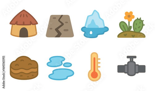 Indigenous Impact Icons. Flat vector mini-illustrations Impact on indigenous communities in colors children's