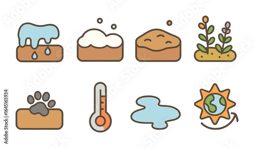 Seasonal Permafrost Icons. Flat vector mini-illustrations Seasonal changes in permafrost areas in colors