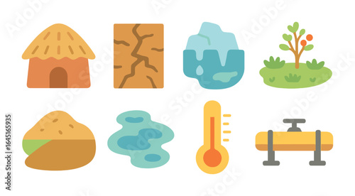 Indigenous Impact Icons. Flat vector mini-illustrations Impact on indigenous communities in colors children's