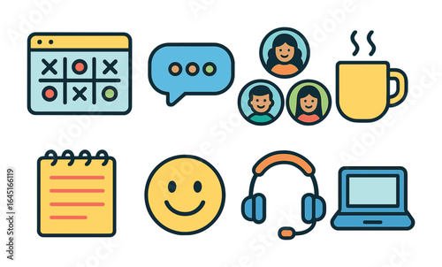 Remote Team Building Icons. Flat vector mini-illustrations Remote team building activities in colors