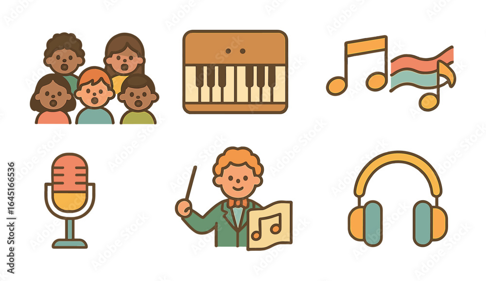 Colorful Musical Icons. Flat vector mini-illustrations vocal ensemble icons in colors children's illustrations