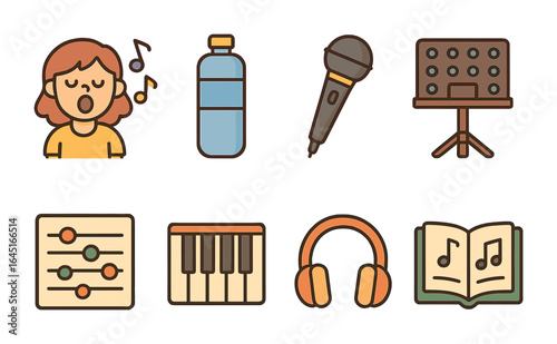 Vocal Practice Icons. Flat vector mini-illustrations vocal performance preparation in colors children's