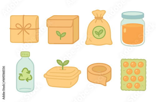 Eco Packaging Icons. Flat vector mini-illustrations eco-friendly packaging in colors children's illustrations: