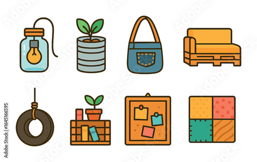 Creative Upcycling Ideas. Flat vector mini-illustrations upcycling ideas in colors children's illustrations:
