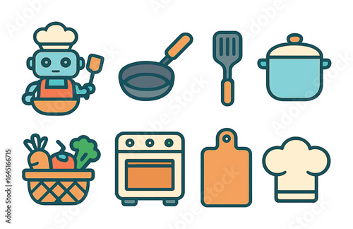 Robotic Chefs Icons. Flat vector mini-illustrations robotic chefs in colors children's illustrations: cooking