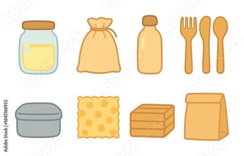 Zero-Waste Kitchen Icons. Flat vector mini-illustrations zero-waste kitchen storage in colors children's