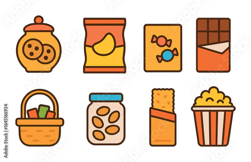 Colorful Snack Icons. Flat vector mini-illustrations snack organization in colors children's illustrations: