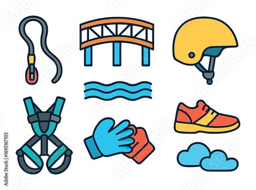Bungee Adventure Icons. Flat vector mini-illustrations bungee jumping in colors children's illustrations: