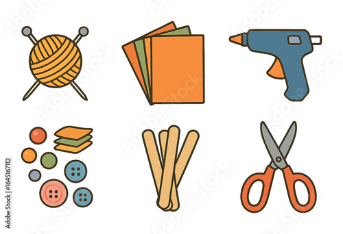 Family Craft Icons. Flat vector mini-illustrations family craft day in colors children's illustrations: yarn,