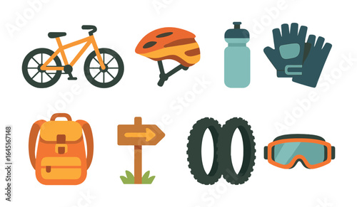 Children's Mountain Biking Icons. Flat vector mini-illustrations mountain biking in colors children's