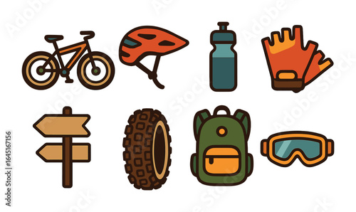 Children's Mountain Biking Icons. Flat vector mini-illustrations mountain biking in colors children's