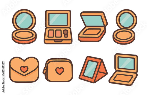 Colorful Makeup Miniatures. Flat vector mini-illustrations Compact makeup cases in colors children's