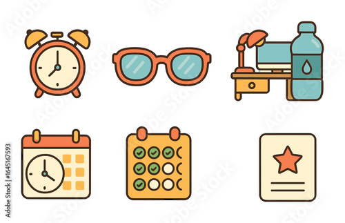 Productivity Habits Icons. Flat vector mini-illustrations Productivity habits in colors children's