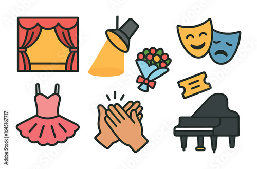 Ballet Theater Icons. Flat vector mini-illustrations Ballet performances and theater in colors children's
