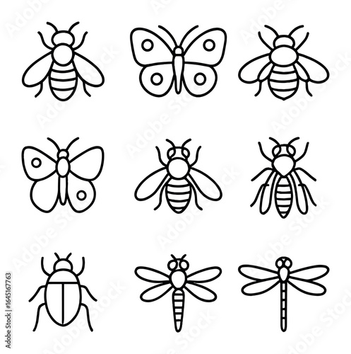 Insects Icon Set. Outline icon set of insects and pollinators: honeybee, butterfly, bumblebee, moth, hoverfly,