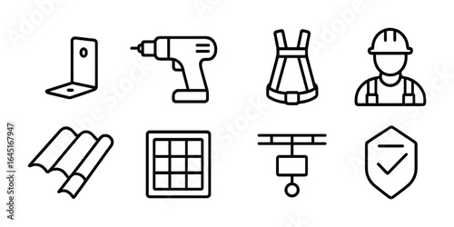 Solar Installation Icons. Outline icon set of solar panel installation: mounting bracket, drill tool, safety