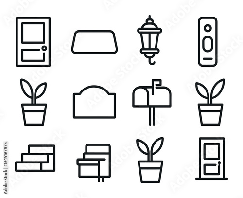 Entryway Renovation Icons. Outline icon set of front entryway renovation: new door, welcome mat, porch light,