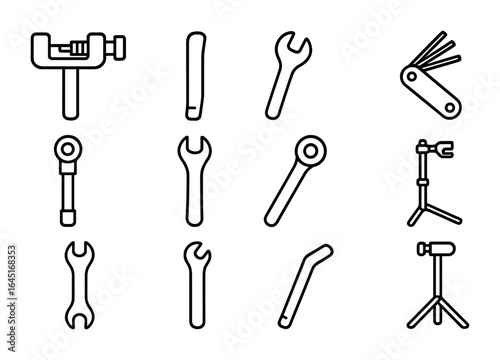 Bicycle Tools Icons. Outline icon set of bicycle maintenance tools: chain tool, tire lever, pedal wrench, hex