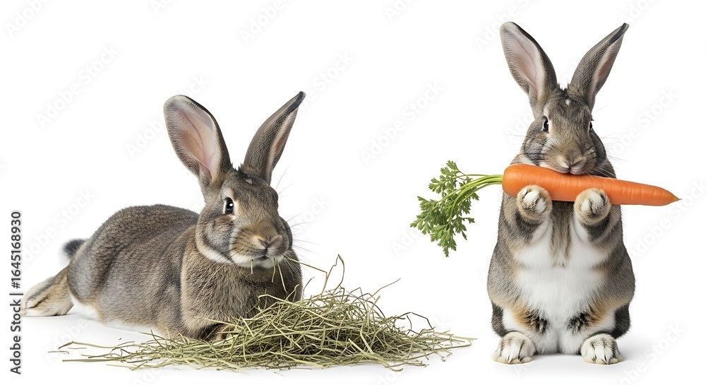 Obraz premium Two adorable rabbits: One eating hay, the other holding a large carrot on a white background