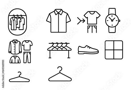 Minimalist Wardrobe Icons. Outline icon set of minimalist wardrobe choices: capsule closet, neutral shirt, mix