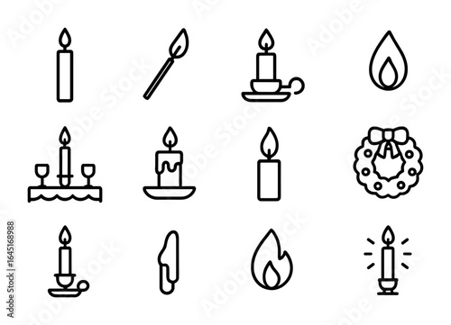 Holiday Candle Icons. Outline icon set of lighting candles at a holiday table: taper candle, matchstick,
