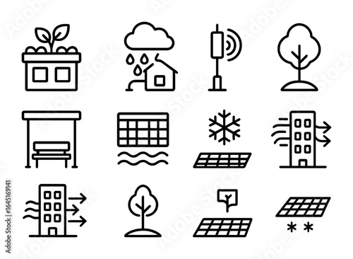 Urban Climate Icons. Outline icon set of urban climate adaptation: rooftop vegetation, rainwater system, smart
