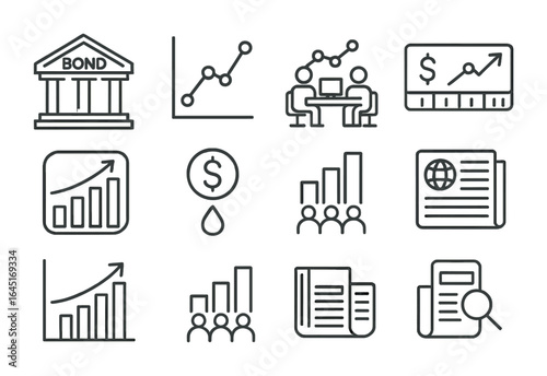 Bond Market Icons. Outline icon set of bond markets: bond exchange building, market trend line, trading floor,