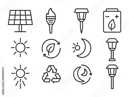 Solar Yard Lights Icons. Outline icon set of solar-powered yard lights: solar panel, garden torch, ground