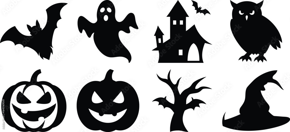 Fototapeta premium Vector art of collection of halloween silhouettes including a bat, ghost, jack o lantern, haunted house, owl, bare tree, and witch hat