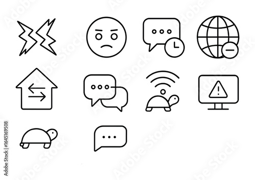 Hybrid Work Icons. Outline icon set of hybrid work challenges: crossed signals, distracted face, delayed