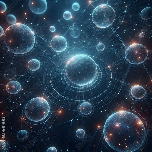 uturistic 3D network of glowing spheres and connected lines, dark space background, abstract digital technology visualization, sci-fi data connections, artificial intelligence concept art