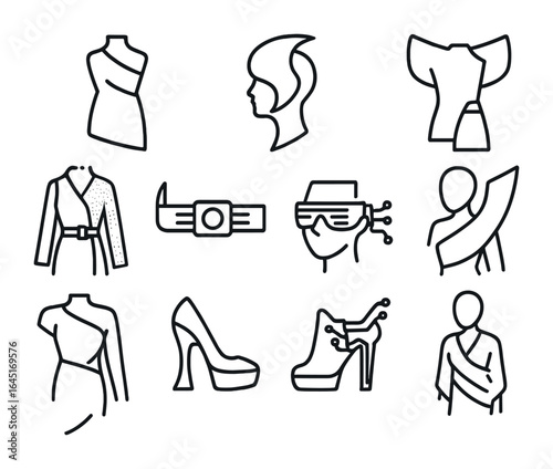 Avant-Garde Fashion Icons. Outline icon set of avant-garde fashion: asymmetrical dress, sculpted headpiece,