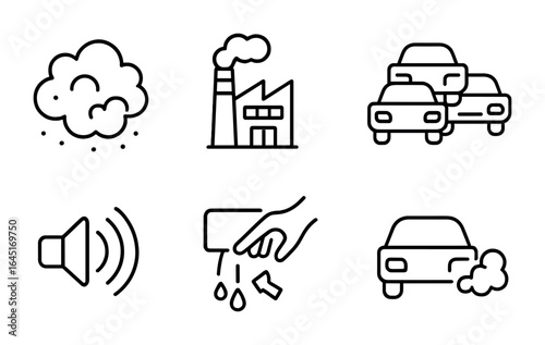 Urban Pollution Icons. Outline icon set of urban pollution: smog cloud, factory emission, trash pile, traffic