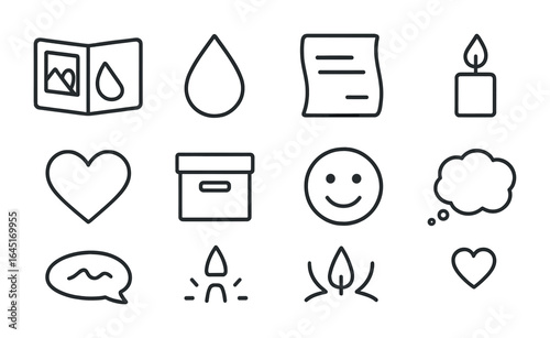 Emotional Reflection Icons. Outline icon set of reflecting on emotional journey: photo album, tear drop, old