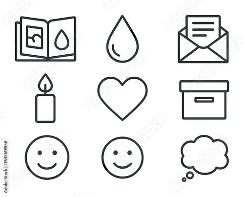 Emotional Reflection Icons. Outline icon set of reflecting on emotional journey: photo album, tear drop, old