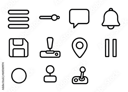 Interface Icon Set. Outline icon set of user interface elements: menu button, slider control, chat bubble,