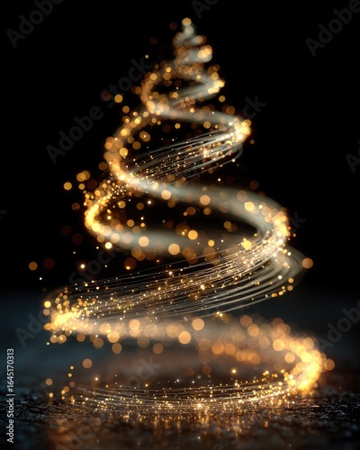 Abstract Christmas tree of swirling golden light