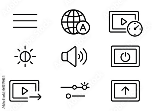 Digital Frame Icons. Outline icon set of digital photo frame settings: menu icon, language selection, time