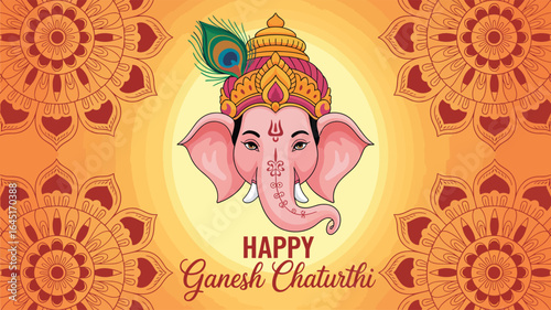 happy ganesh chaturthi greeting with lord ganesha head illustration, peacock feather and mandala pattern on orange yellow festive background