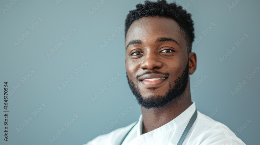 Fototapeta premium A young African-American man with a short beard and neatly styled hair, wearing a white shirt, smiling warmly against a plain light blue background. 