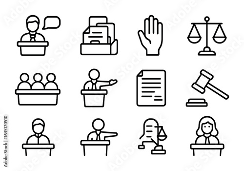 Courtroom Icons Grid. Outline icon set of courtroom procedures: opening statement, evidence presentation,