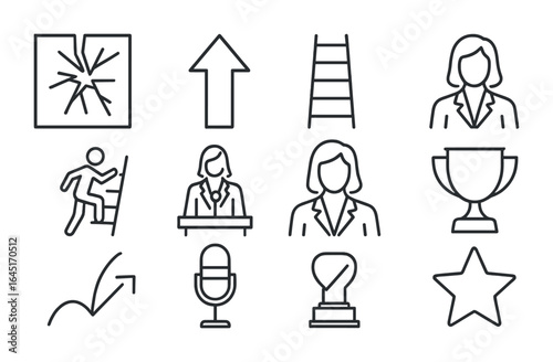 Breaking Glass Ceiling Icons. Outline icon set of breaking the glass ceiling: shattered glass, upward arrow,